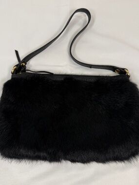 Y2K Diane Gail Black Rabbit Fur Shoulder Bag Small Baguette Purse Leather Trim